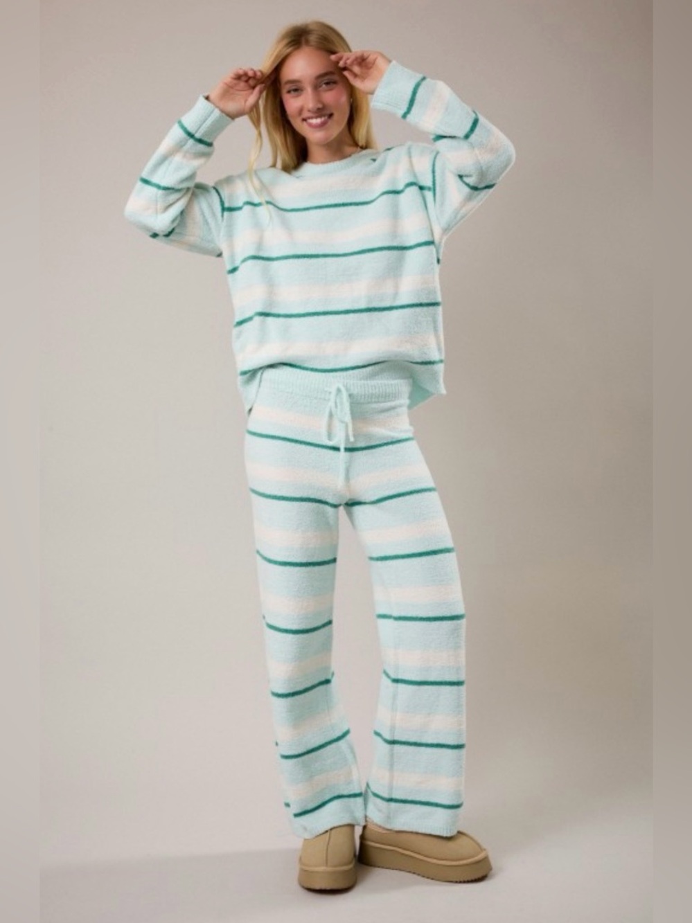 246 Cozy Striped Set in Mint and White